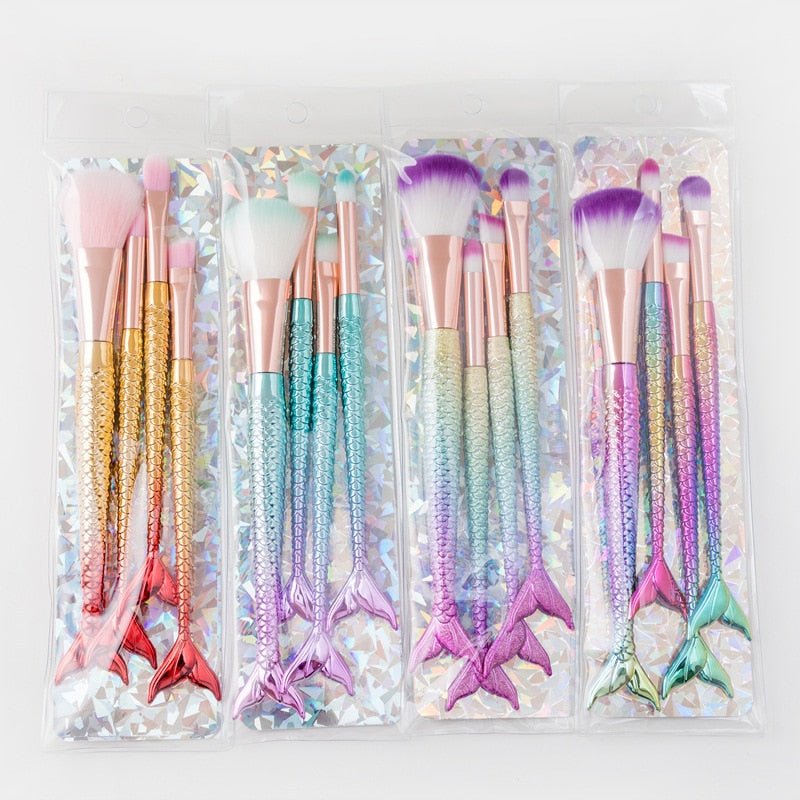 Kit 4 Pincel Sereia Para Maquiagem Blush Contorno Pó Sombra
