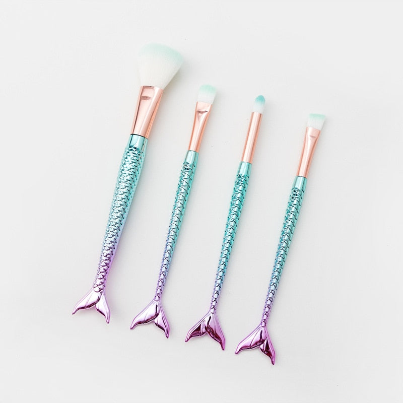 Kit 4 Pincel Sereia Para Maquiagem Blush Contorno Pó Sombra
